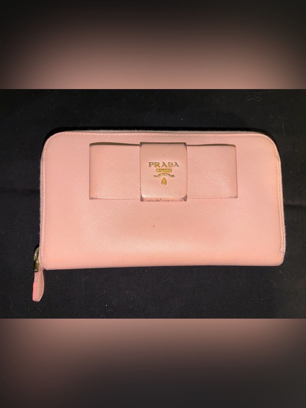 Prada Pink Saffiano Leather Bow Zip-Around Wallet with Gold Logo
